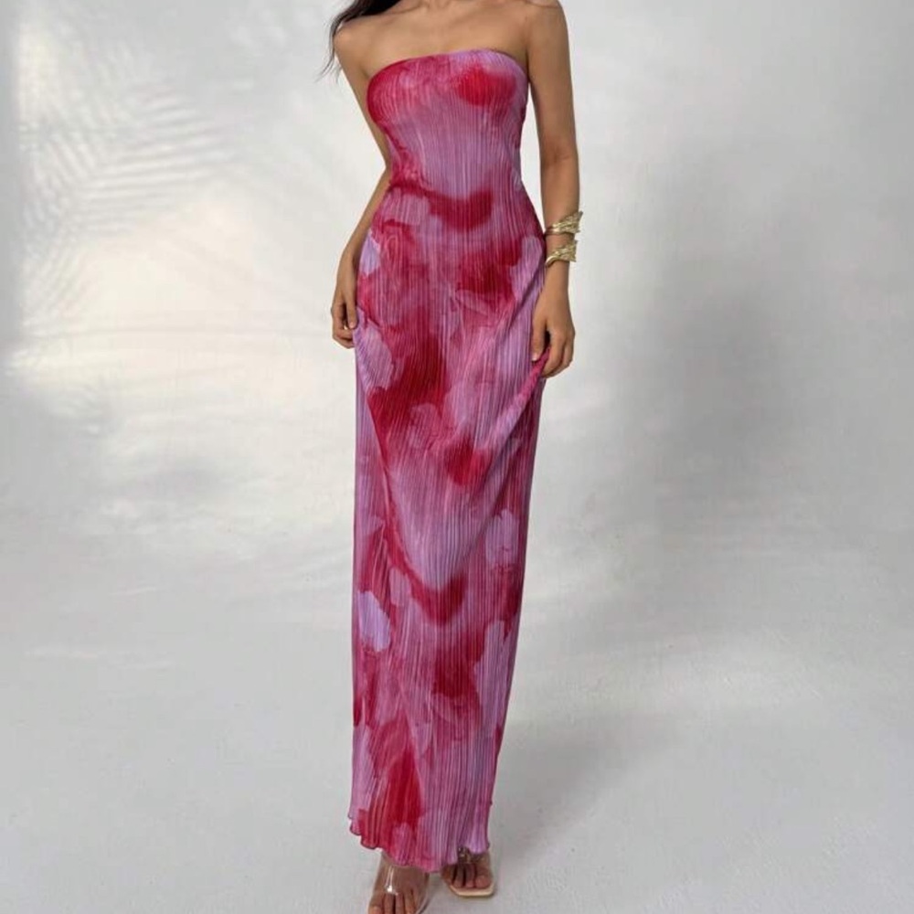 Strapless Pink, Purple & Red Floral Undertone Dress